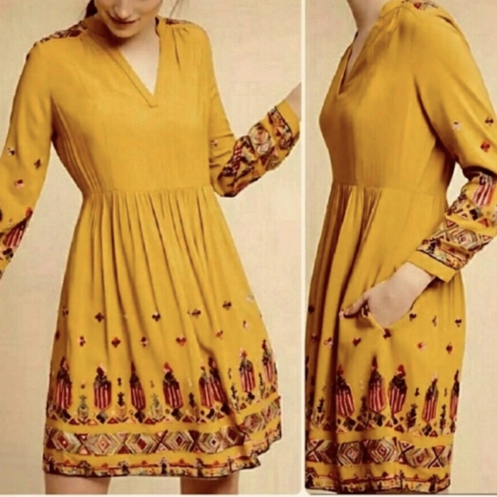 Anthropologie Mustard Yellow Embroidered Border Long-Sleeve Dress - Picture 8 of 11